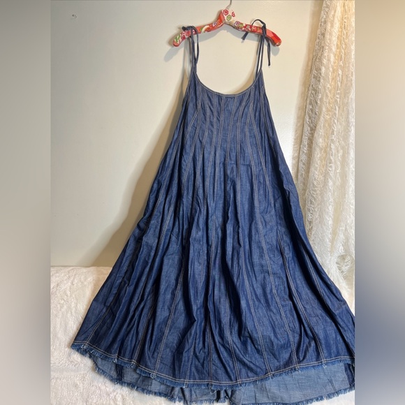Free People Denim Dreams Denim Chambray Tie Shoulder Seamed Midi Dress XL - Picture 5 of 9